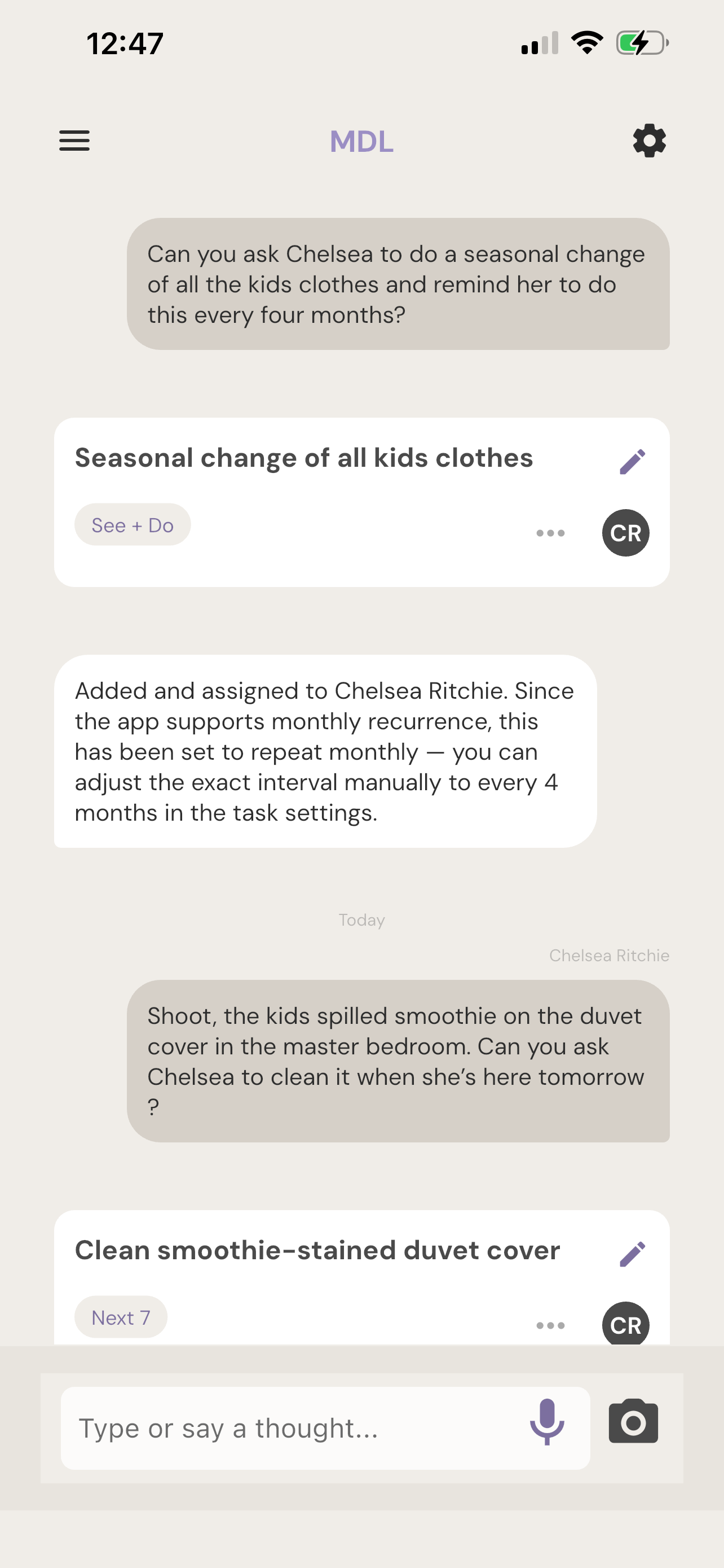 MDL app — task captured, routed and confirmed